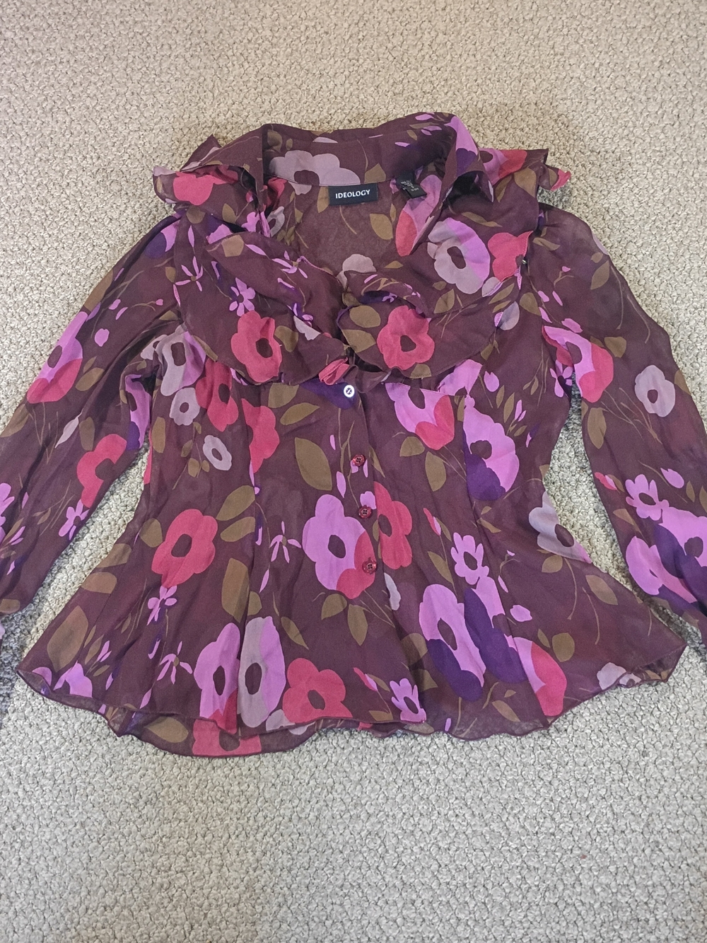 Ideology Floral Ruffle Sheer Blouse in Purple and Brown S